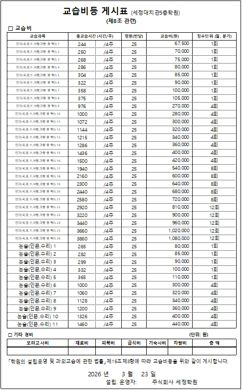 세정대치관5층학원 게시 문서